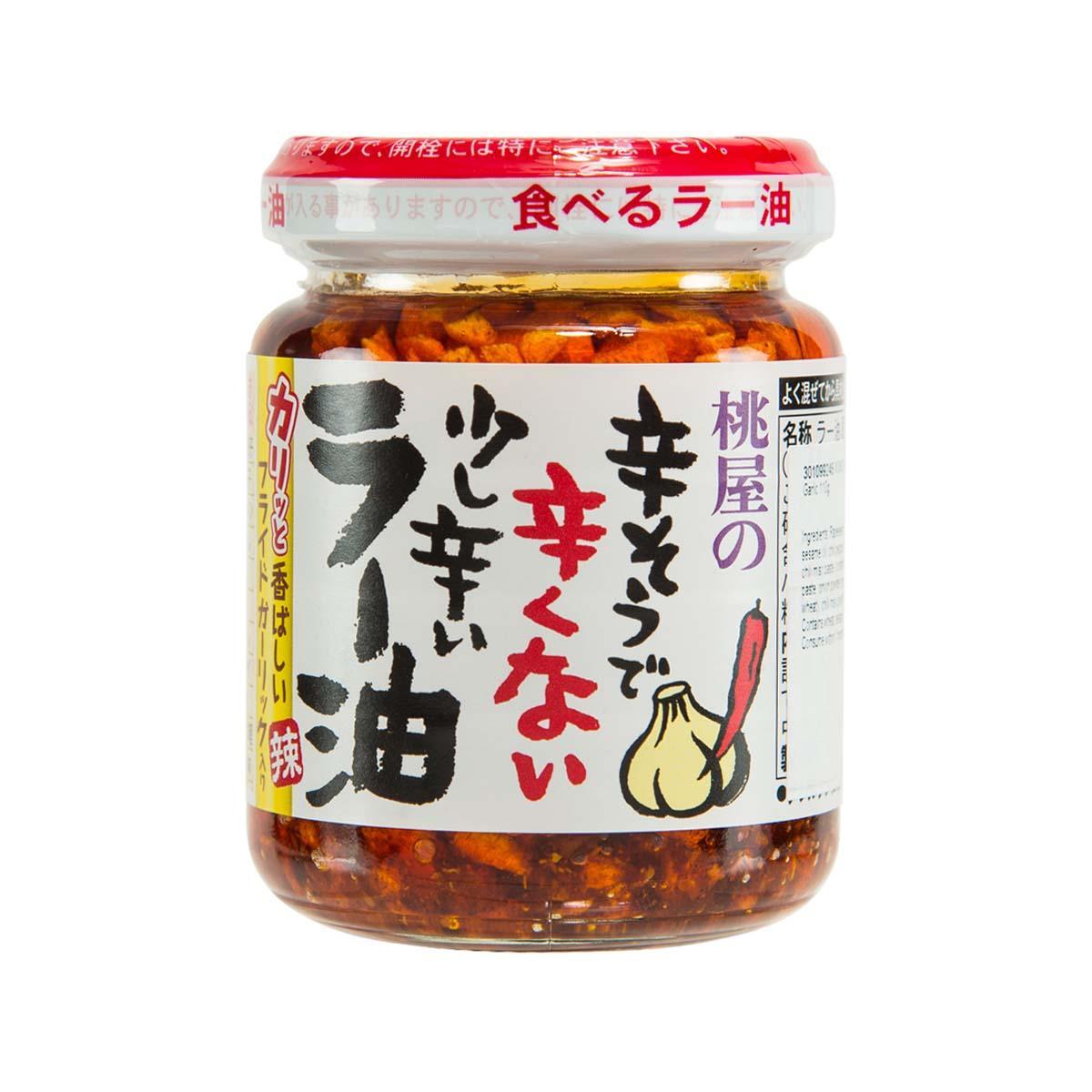 MOMOYA chilli oil jar with fried garlic, red chili and garlic pieces label