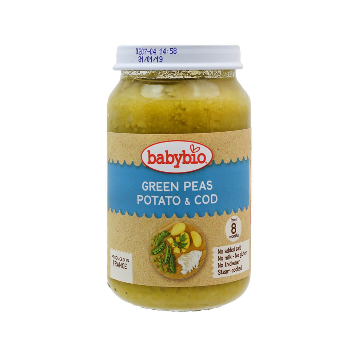 babybio green peas, potato & cod baby food jar, 200g