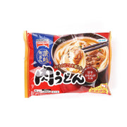 Instant beef udon noodle pouch with bowl and broth artwork