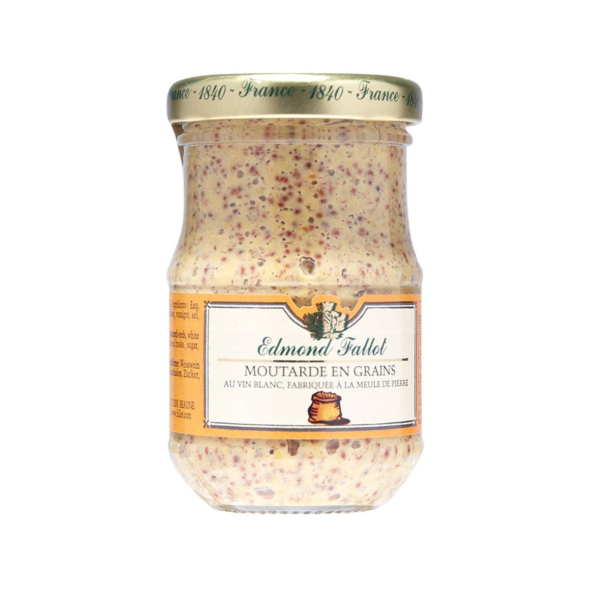 Seed mustard in glass jar with front label, mustard and white wine flavor, 105g