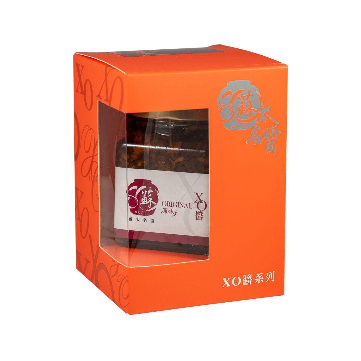 XO sauce gift box with window, orange carton and branded bottle inside