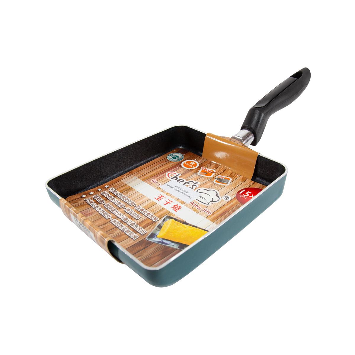 Square frying pan with black handle, teal exterior and black nonstick cooking surface