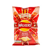 WALKERS Ready Salted Potato Crisps bag, red and white front packaging.