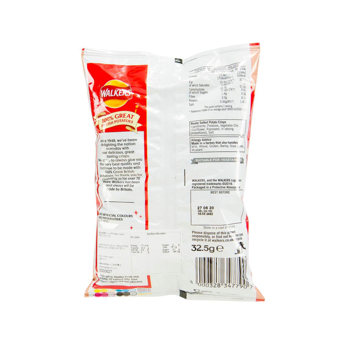 WALKERS Ready Salted Potato Crisps bag, back view with nutrition panel.