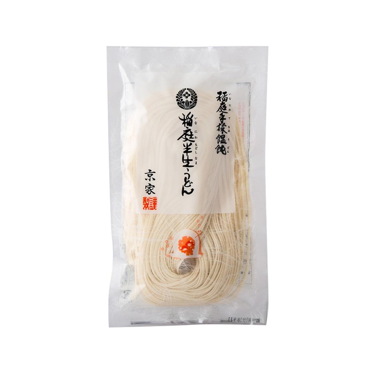 Semi-dried udon noodle package with light cream noodles inside