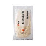 Semi-dried udon noodle package with light cream noodles inside