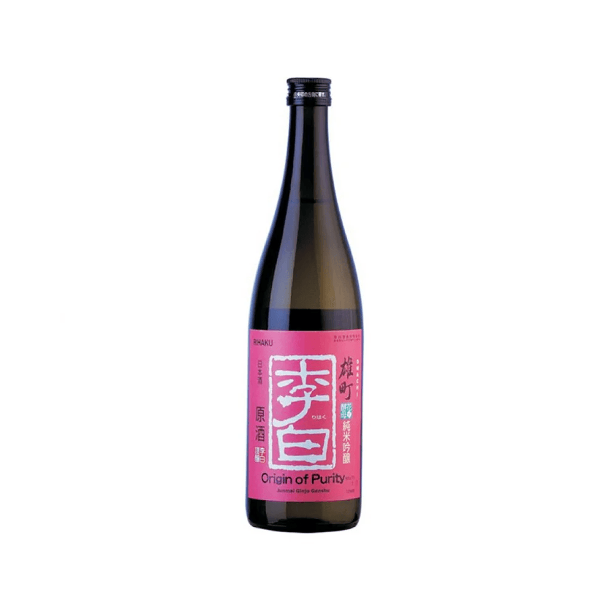 RIHAKU sake bottle with pink label and black cap
