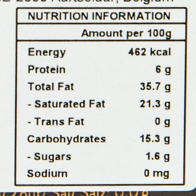 Nutrition information panel for dark chocolate, showing calories and sugar per 100g