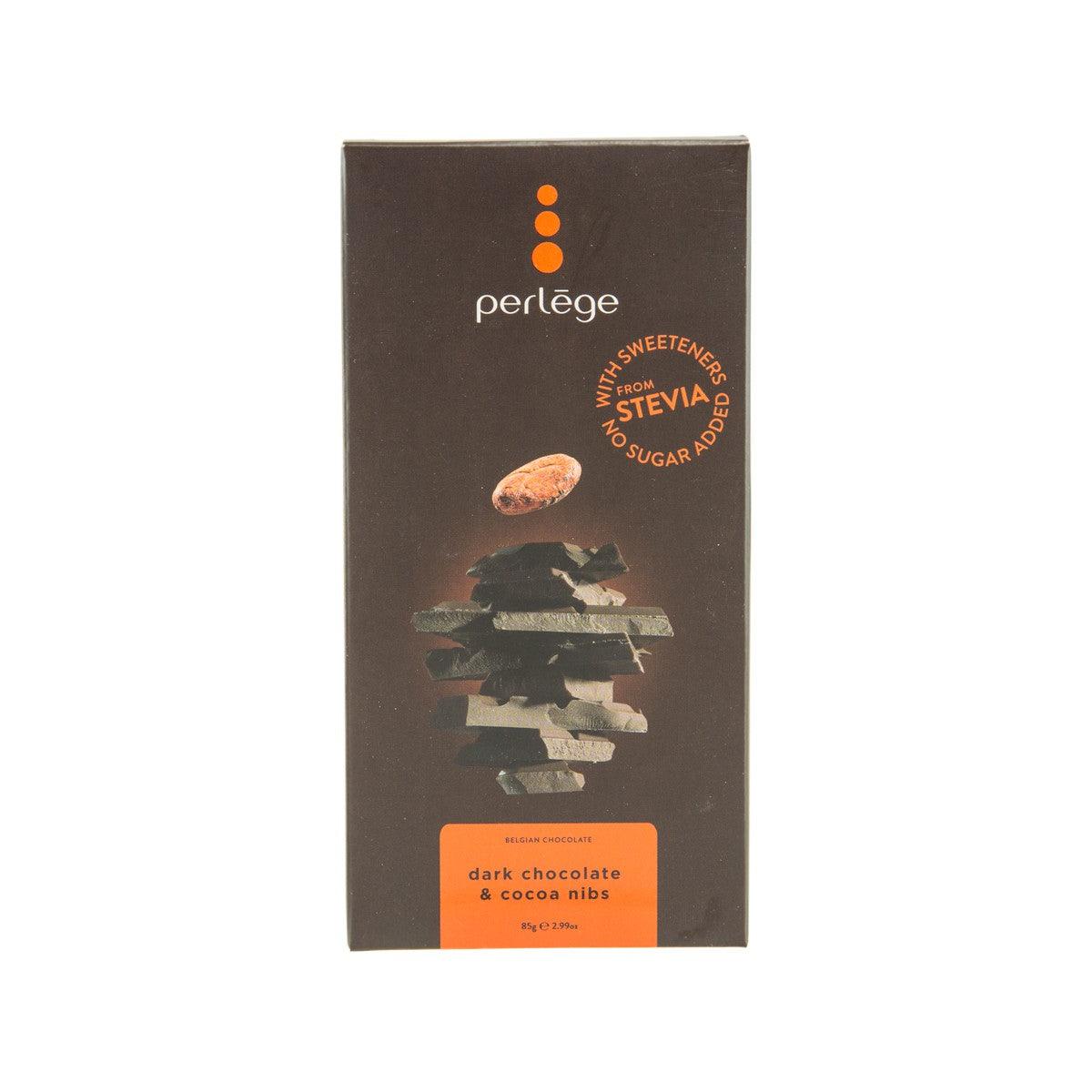 Perlege dark chocolate with cocoa nibs product box, no sugar added, 85g