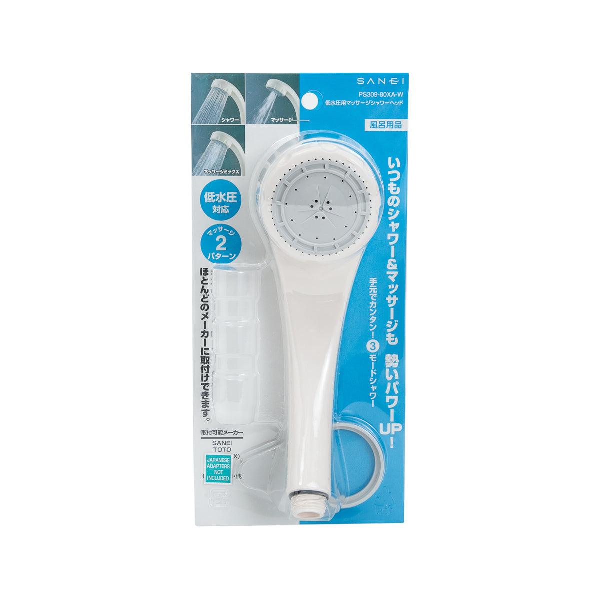 SAN-EI 3-speed handheld shower head in clear packaging, white.