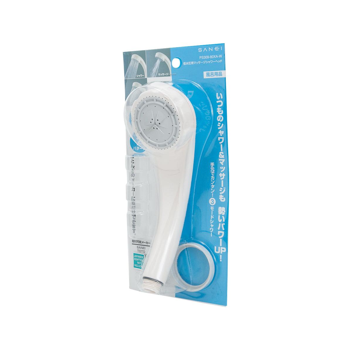 White handheld shower head with 3 spray speeds shown on front packaging.