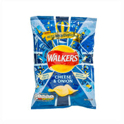 WALKERS Cheese & Onion potato crisps bag, blue front with logo and flavor art