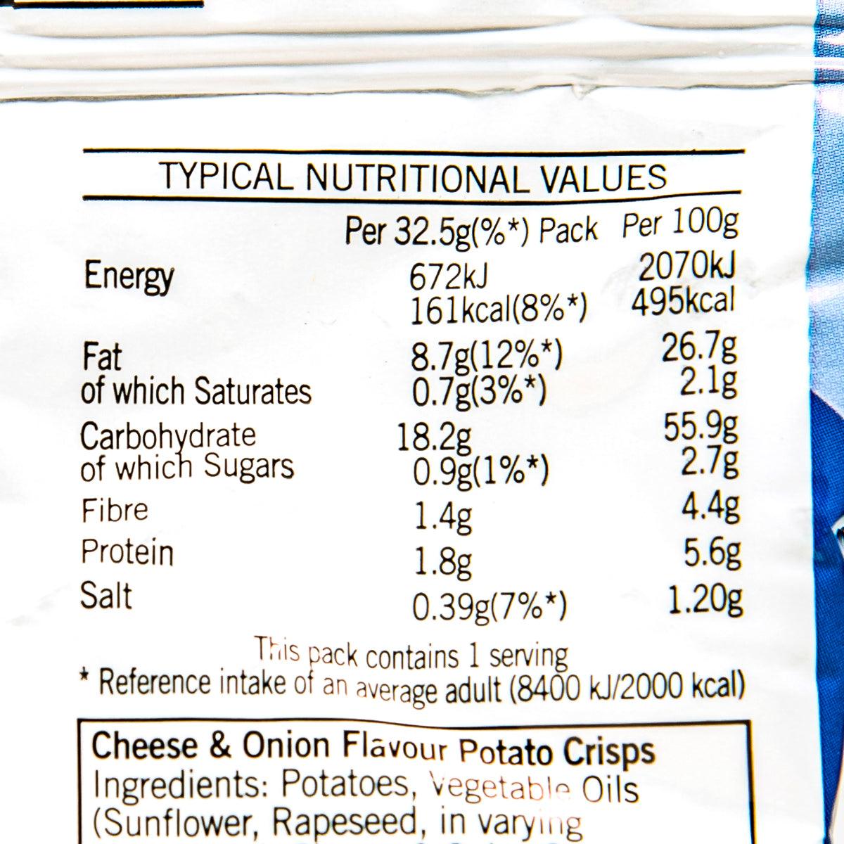 Cheese & Onion potato crisps nutrition label close-up on 32.5g pack