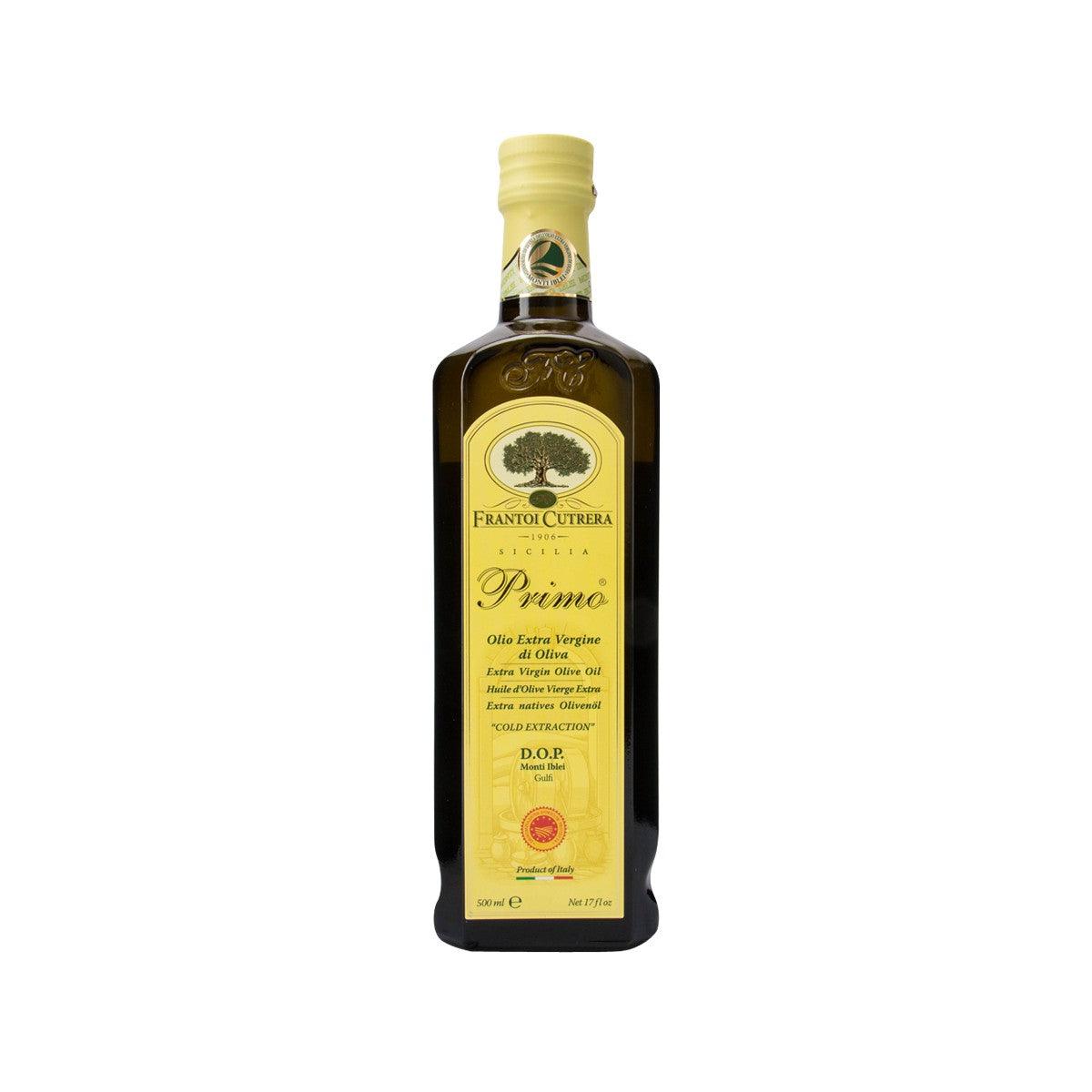 FRANTOI CUTRERA Primo extra virgin olive oil bottle with yellow cap and front label