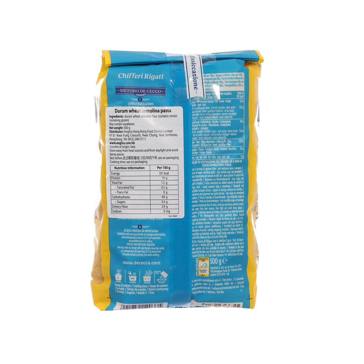 DE CECCO Chifferi Rigati pasta 500 g bag, back nutrition panel