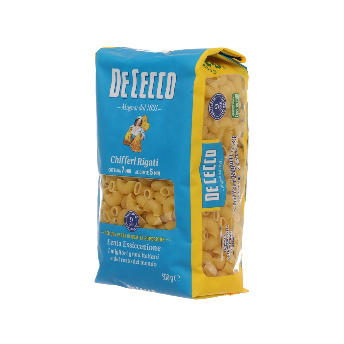 DE CECCO Chifferi Rigati pasta 500 g bag, side view