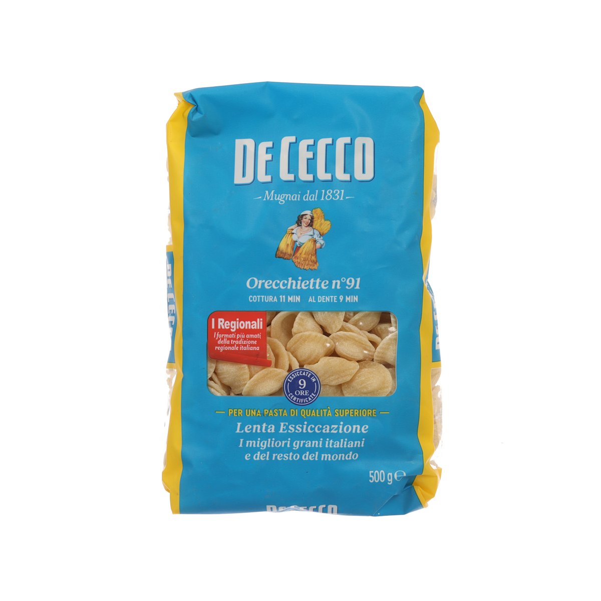 De Cecco orecchiette pasta bag, blue and yellow 500g package