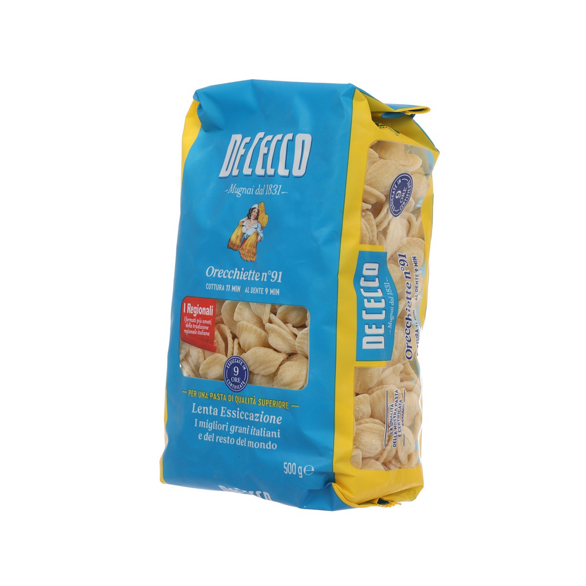 De Cecco orecchiette pasta bag, blue with yellow side, 500g