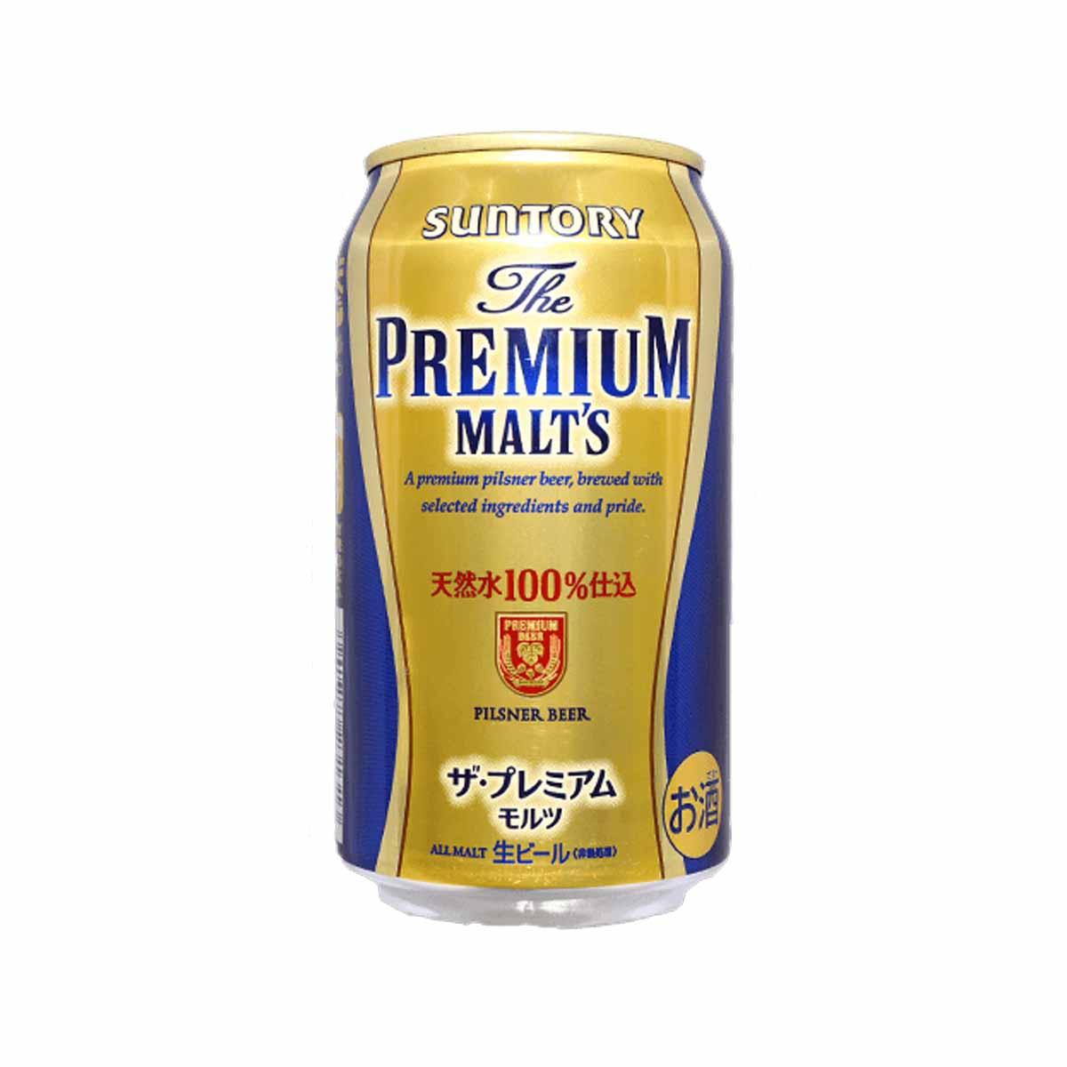 SUNTORY Premium Malt’s pilsner beer can, gold and blue label, 350 mL