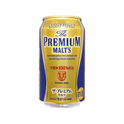 SUNTORY Premium Malt’s pilsner beer can, gold and blue label, 350 mL