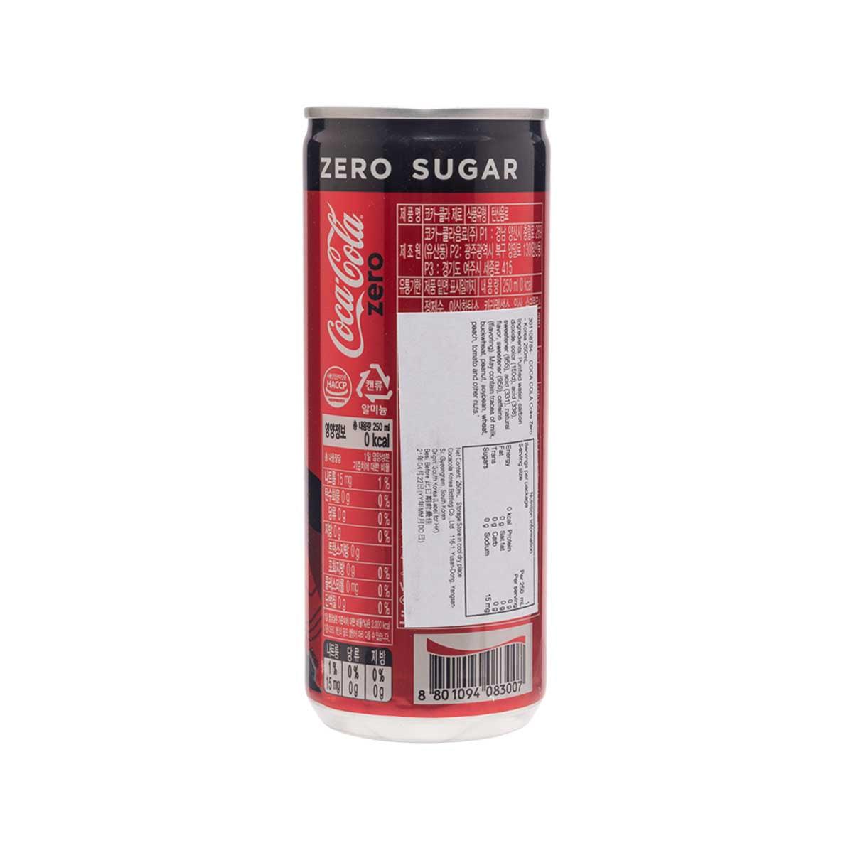 Coca-Cola Coke Zero Zero Sugar 250 mL can back, nutrition panel and barcode