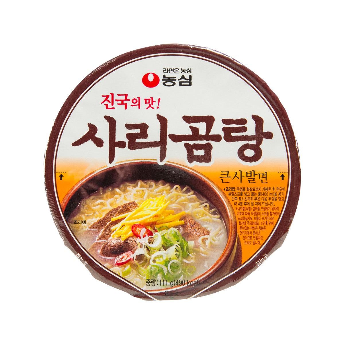 Nong Shim beef bone soup instant noodle cup, front label with noodle bowl