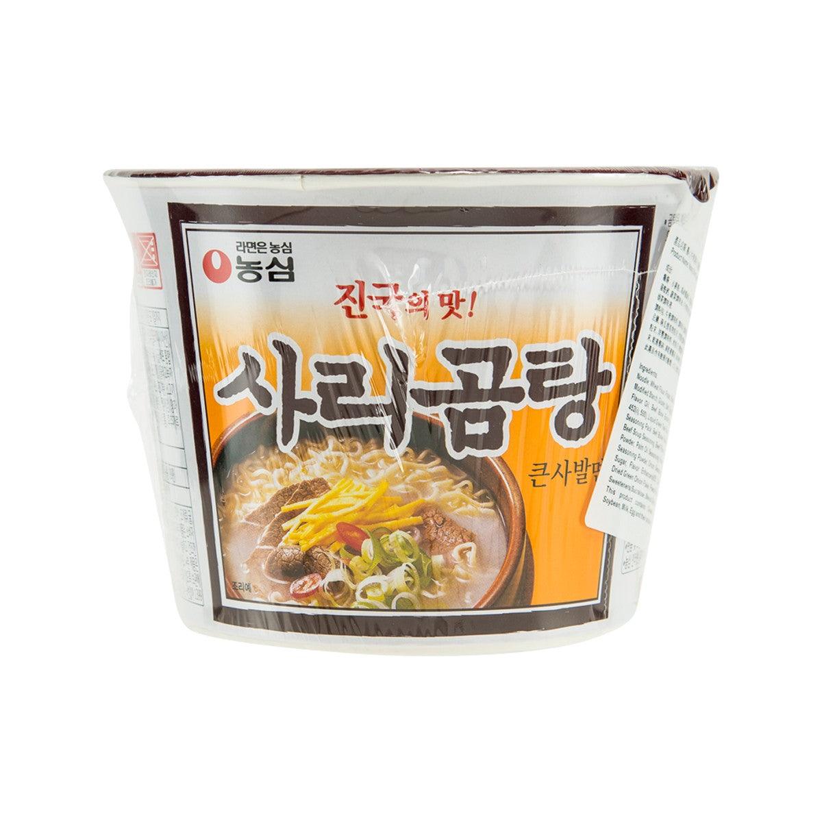 Nong Shim beef bone soup instant noodle cup, side view with printed label