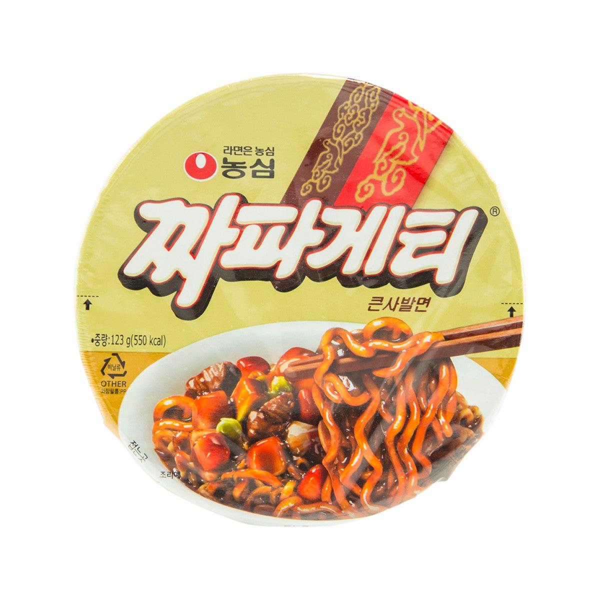 Jjajang big bowl noodle cup, top lid print showing saucy black noodles