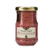 Glass jar of Edmond Fallot blackcurrant Dijon mustard with front label and lid