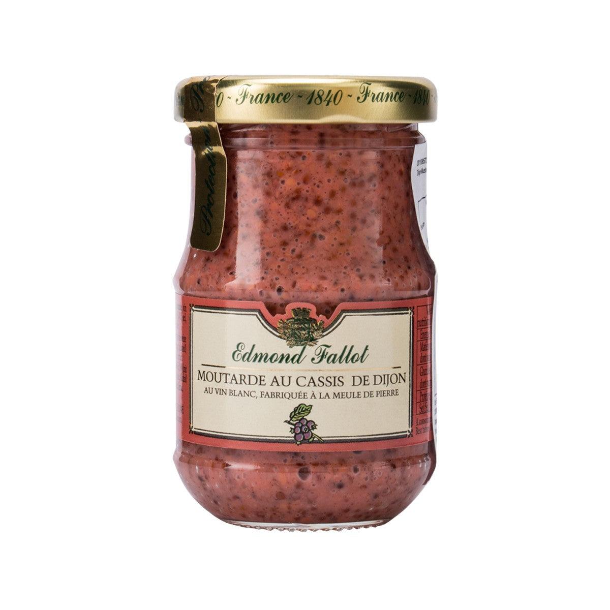 Glass jar of Edmond Fallot blackcurrant Dijon mustard with front label and lid