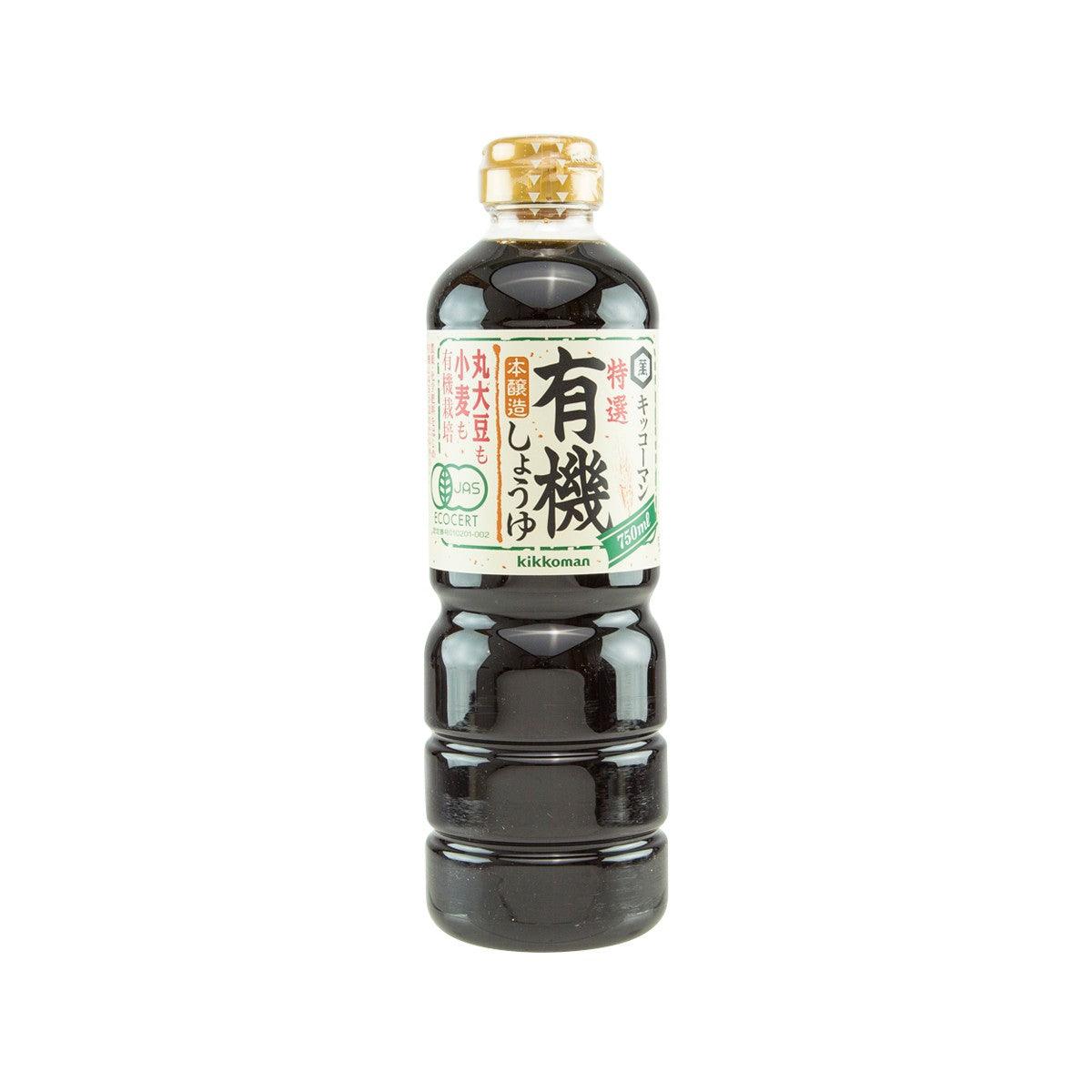 KIKKOMAN organic soy sauce bottle, glass bottle with gold cap and label front
