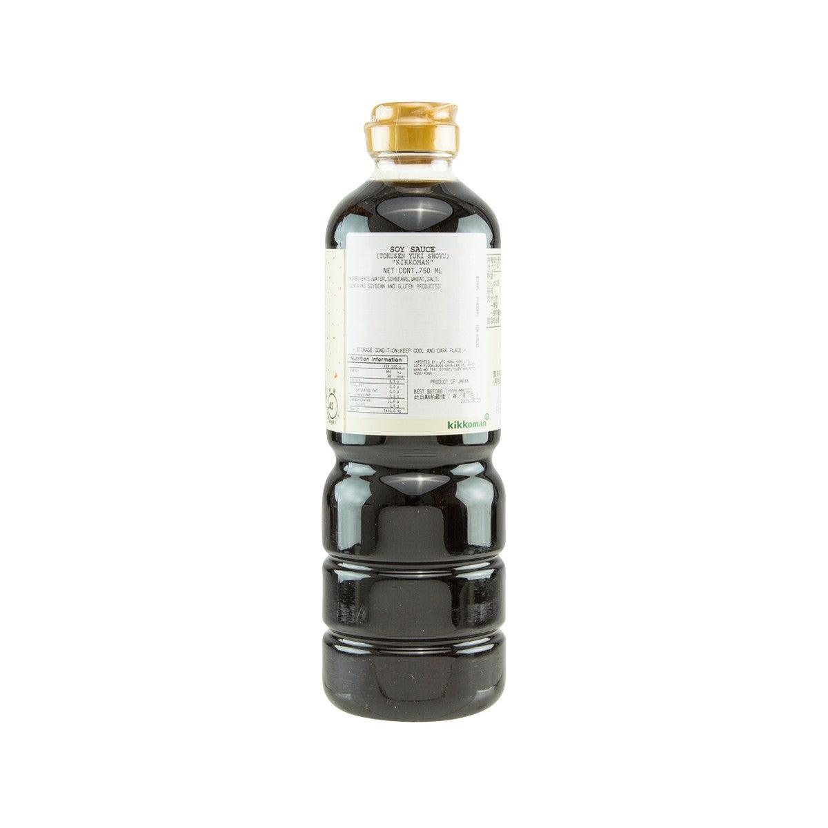 KIKKOMAN organic soy sauce bottle, back label facing camera with gold cap