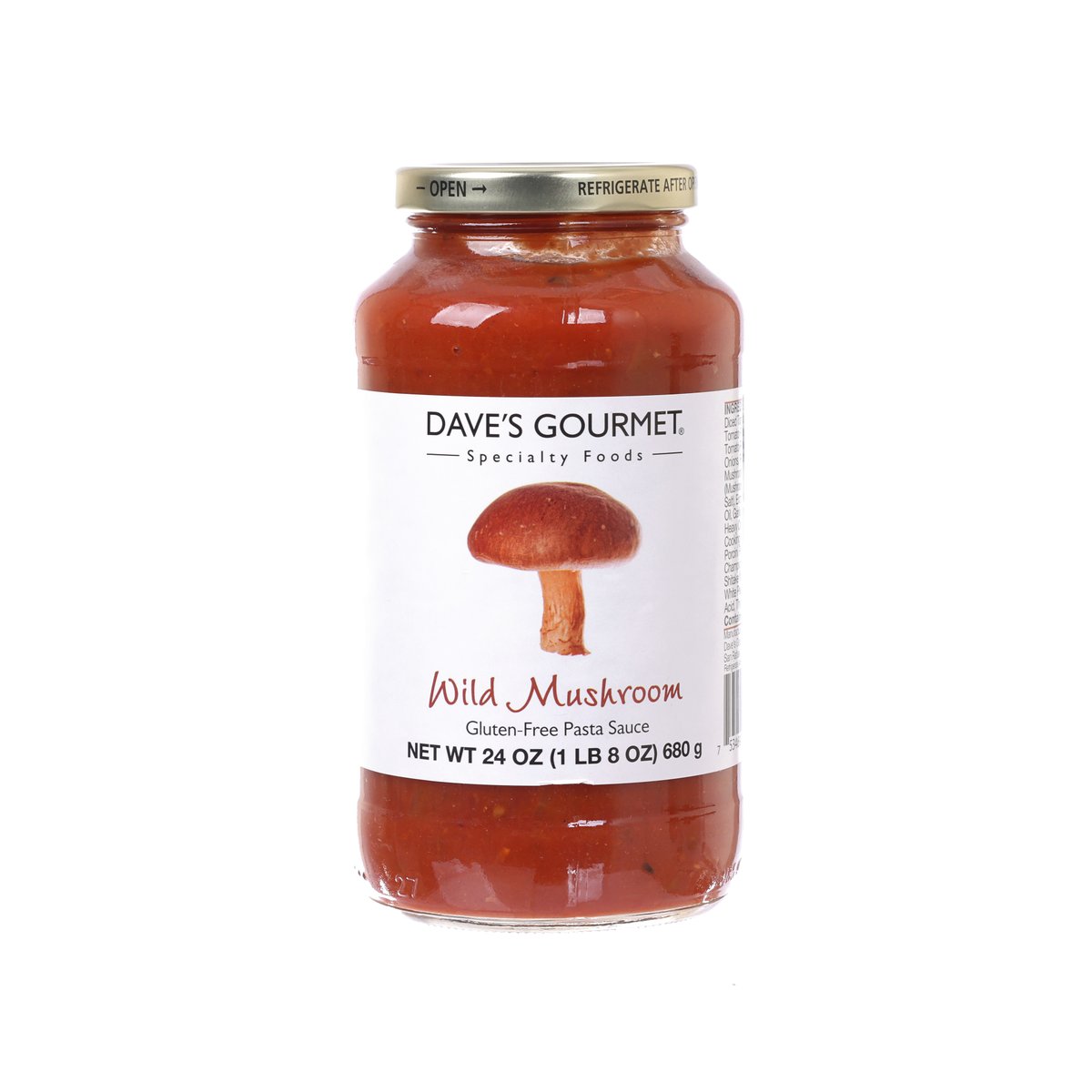 DAVE'S GOURMET wild mushroom pasta sauce jar, 680g glass with red label