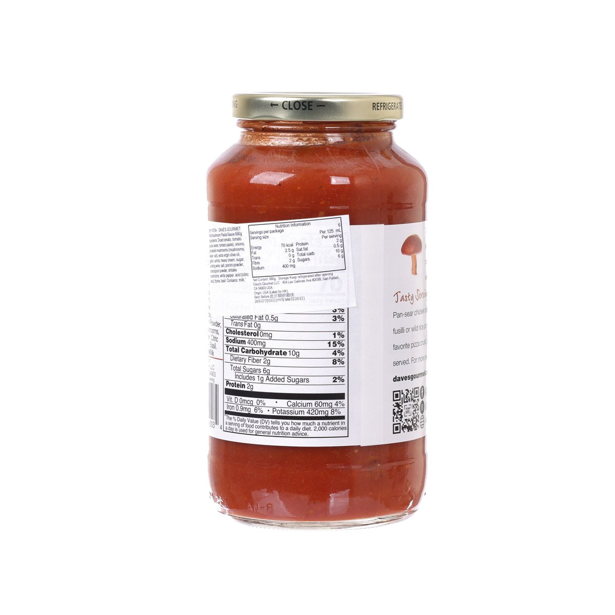 DAVE'S GOURMET wild mushroom pasta sauce jar with nutrition panel and ingredients