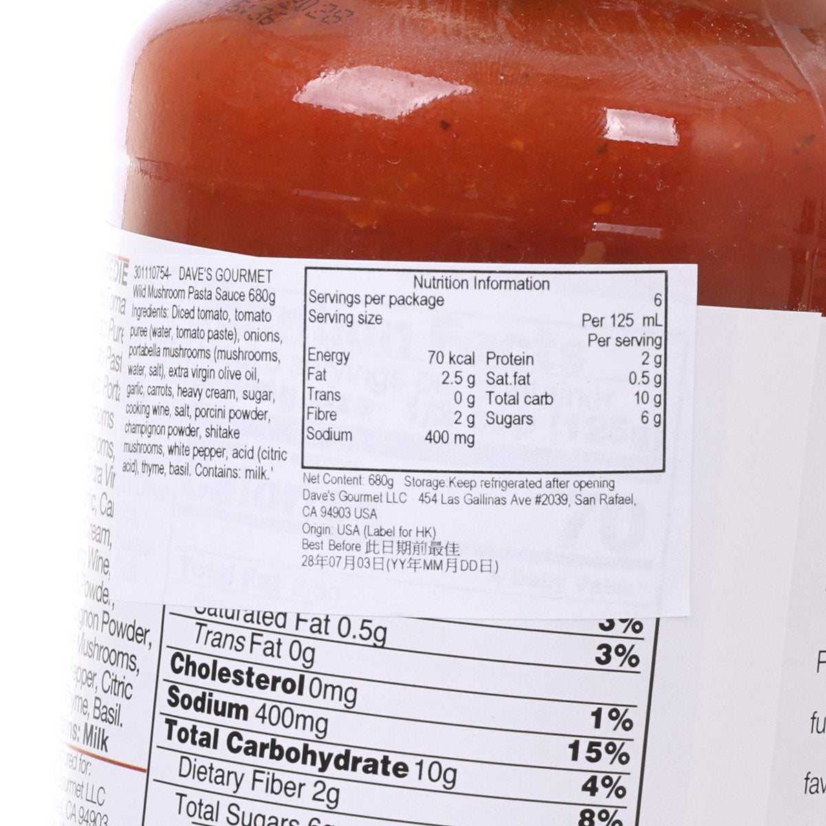 Nutrition label close-up on DAVE'S GOURMET wild mushroom pasta sauce jar
