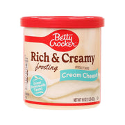 Betty Crocker Rich & Creamy Cream Cheese frosting tub, 453 g, red lid and cream label