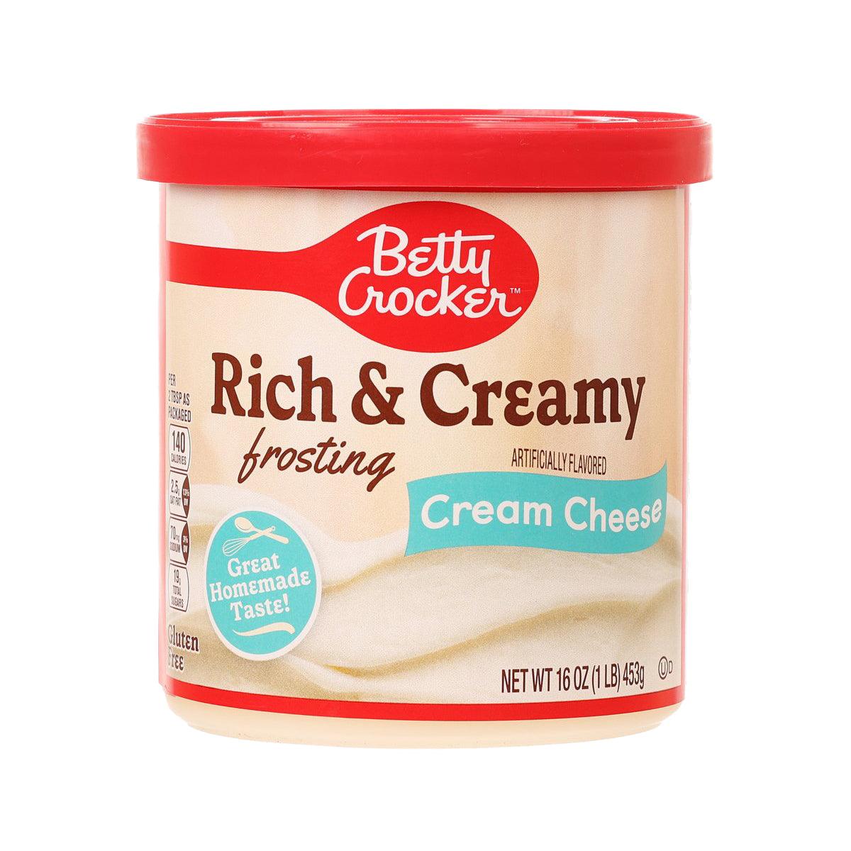 Betty Crocker Rich & Creamy Cream Cheese frosting tub, 453 g, red lid and cream label