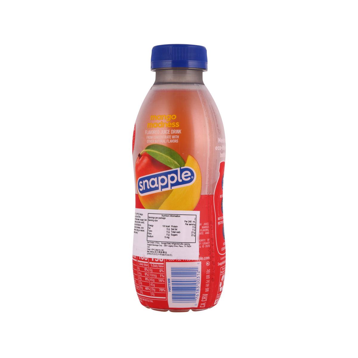 SNAPPLE Mango Madness juice drink bottle, side label, blue cap