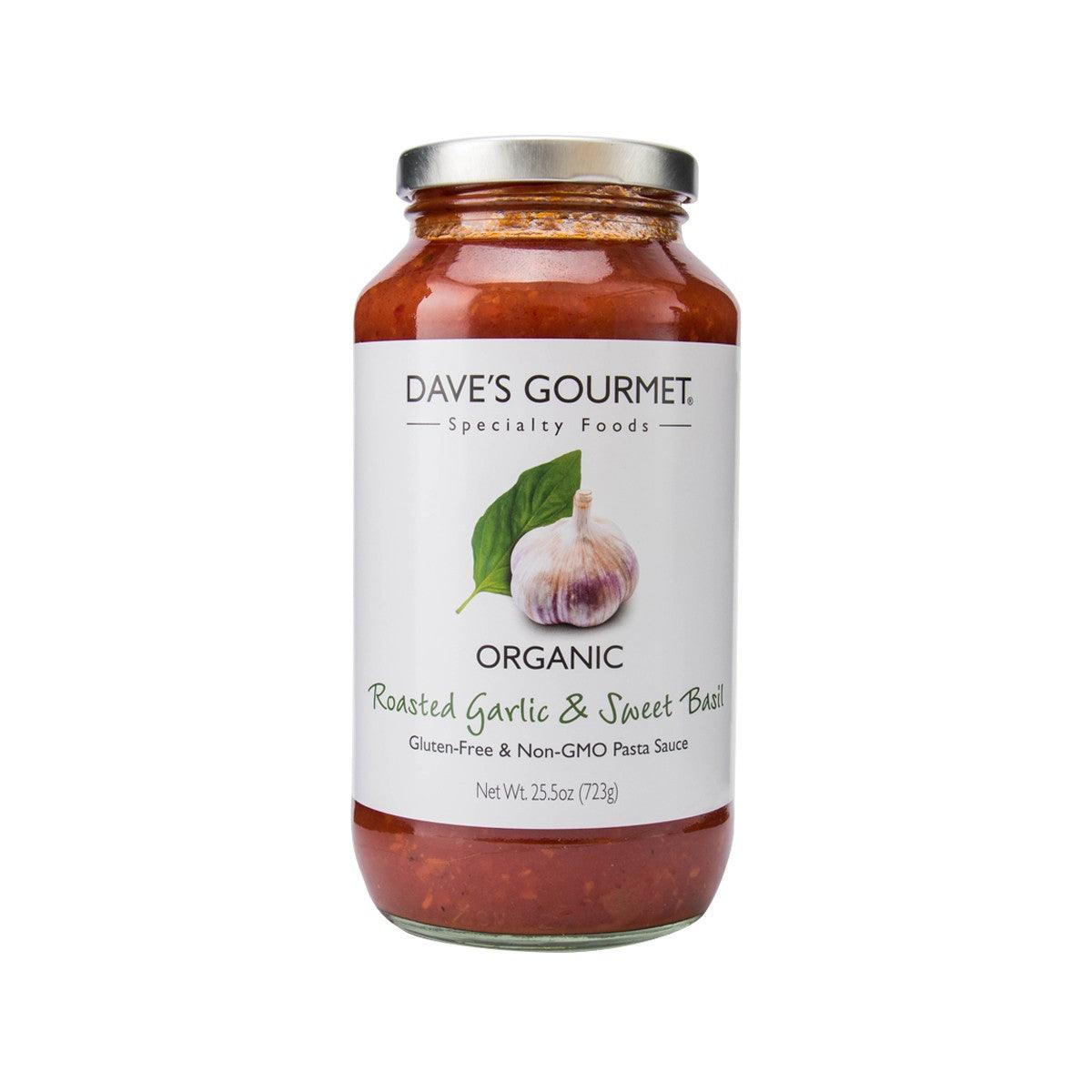 DAVE'S GOURMET Organic roasted garlic & sweet basil pasta sauce jar