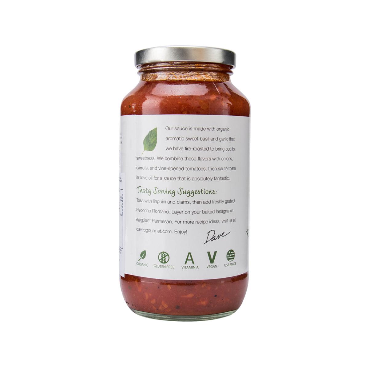DAVE'S GOURMET pasta sauce jar with back label text and serving info