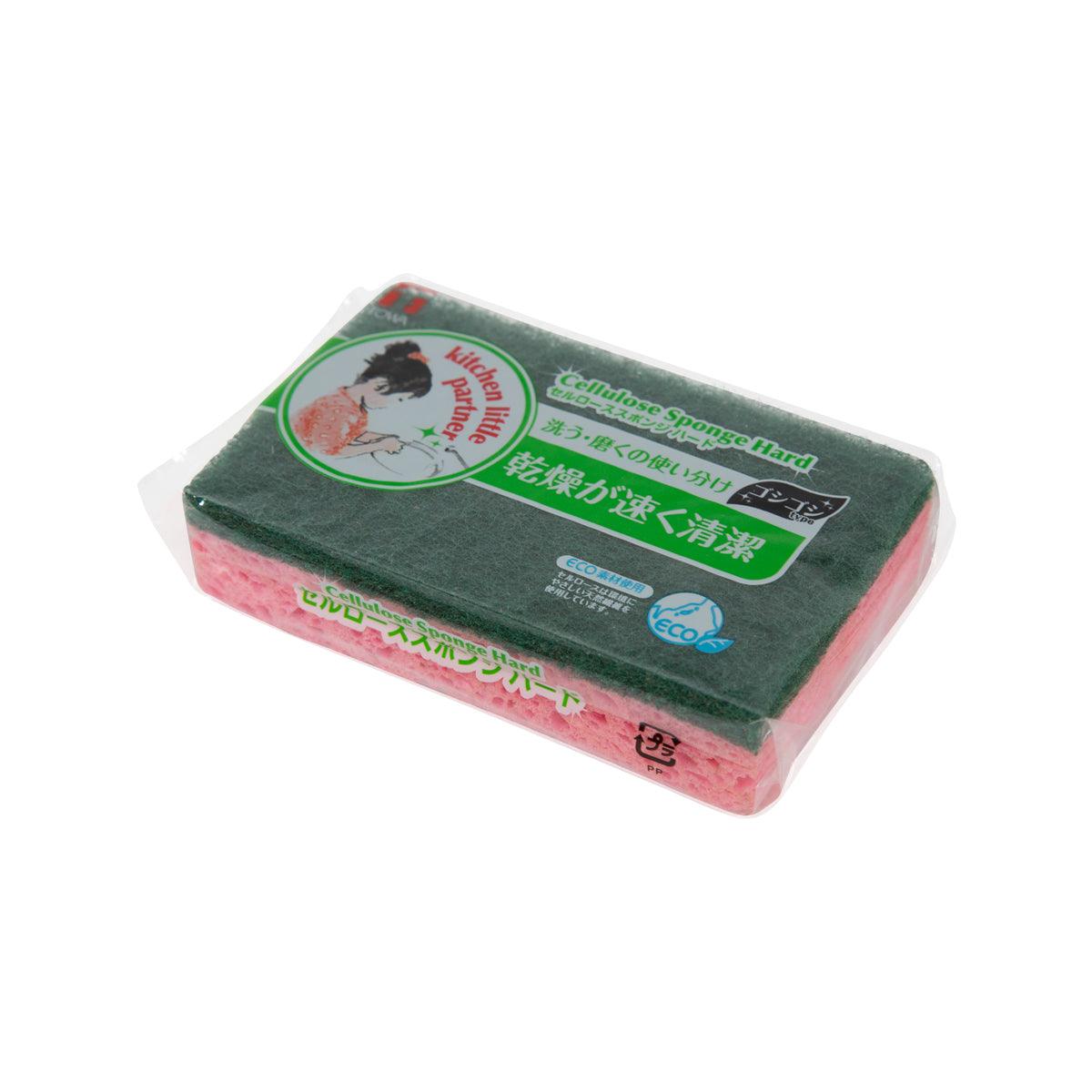 Kitchen sponge scrubber with green top and pink bottom, hard cellulose pad (sealed)