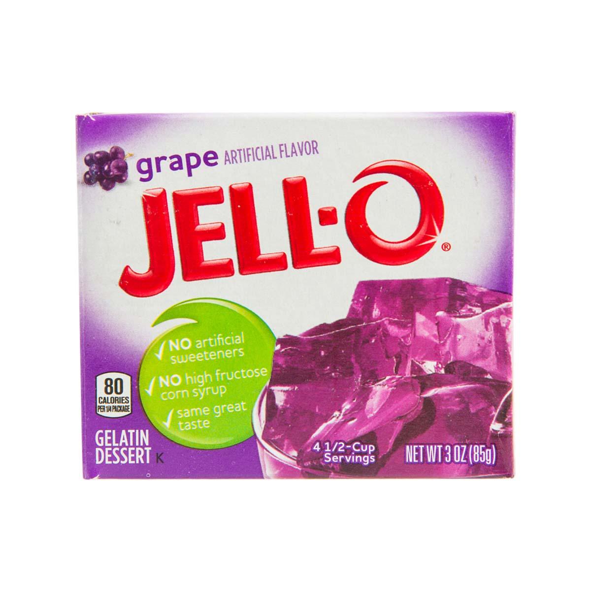 Grape JELL-O gelatin dessert mix box, purple packaging, 4 1/2-cup servings