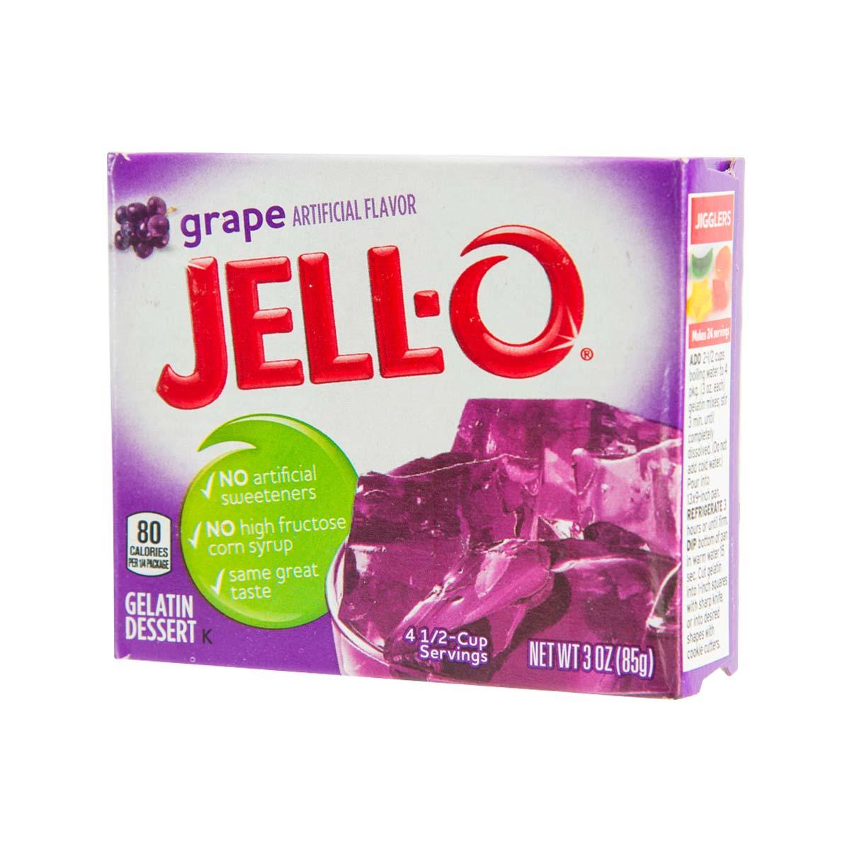 Grape JELL-O gelatin dessert mix box with side panel text, purple packaging