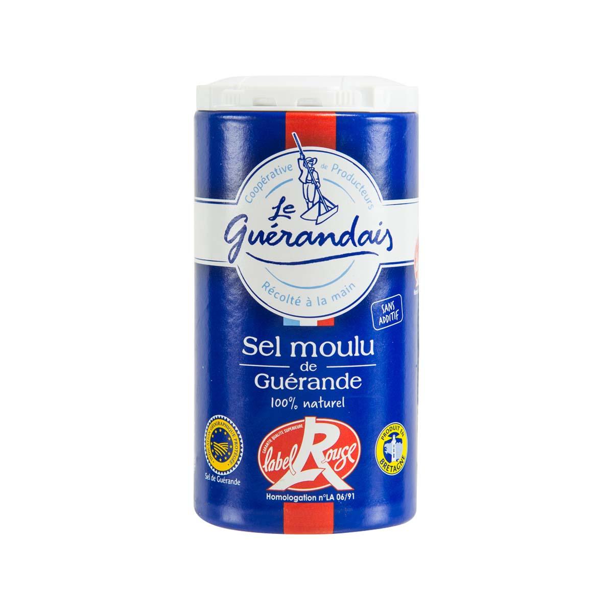 Fine grey sea salt jar with blue label, front view, 125g