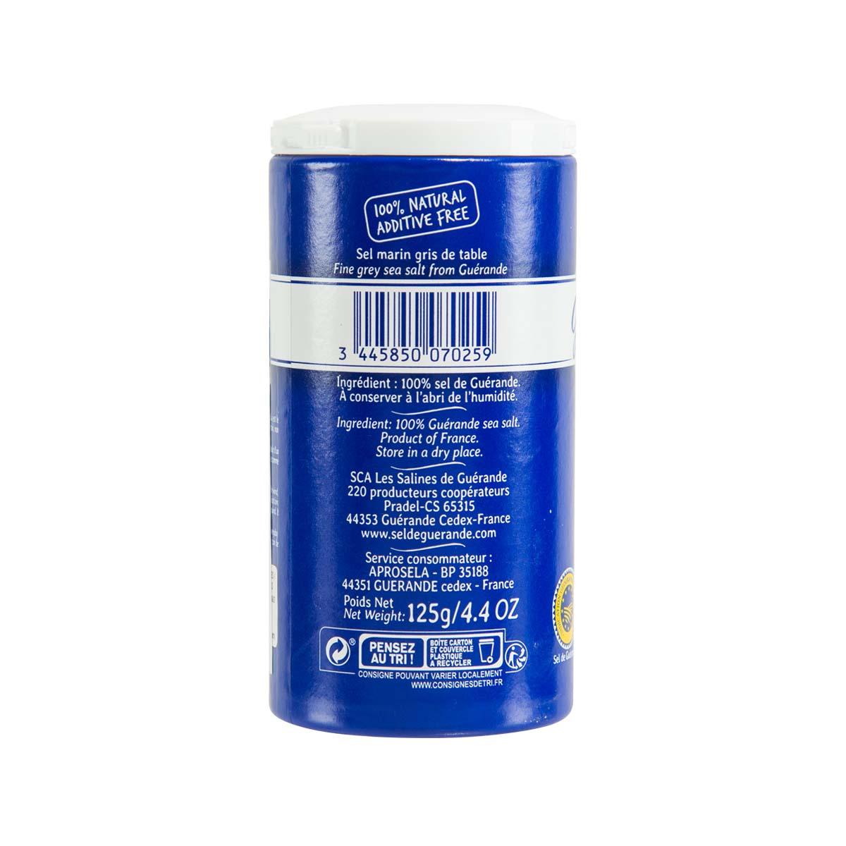 Fine grey sea salt jar, blue back label with ingredients and weight 125g