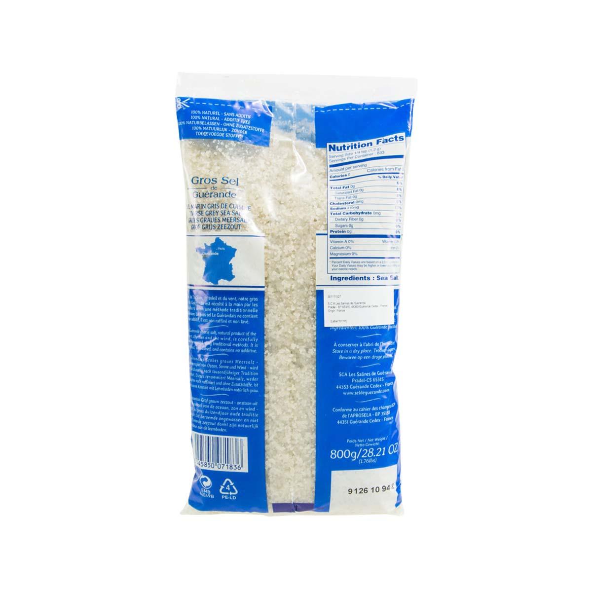 Coarse grey sea salt bag back view, ingredients and nutrition panel (800g)