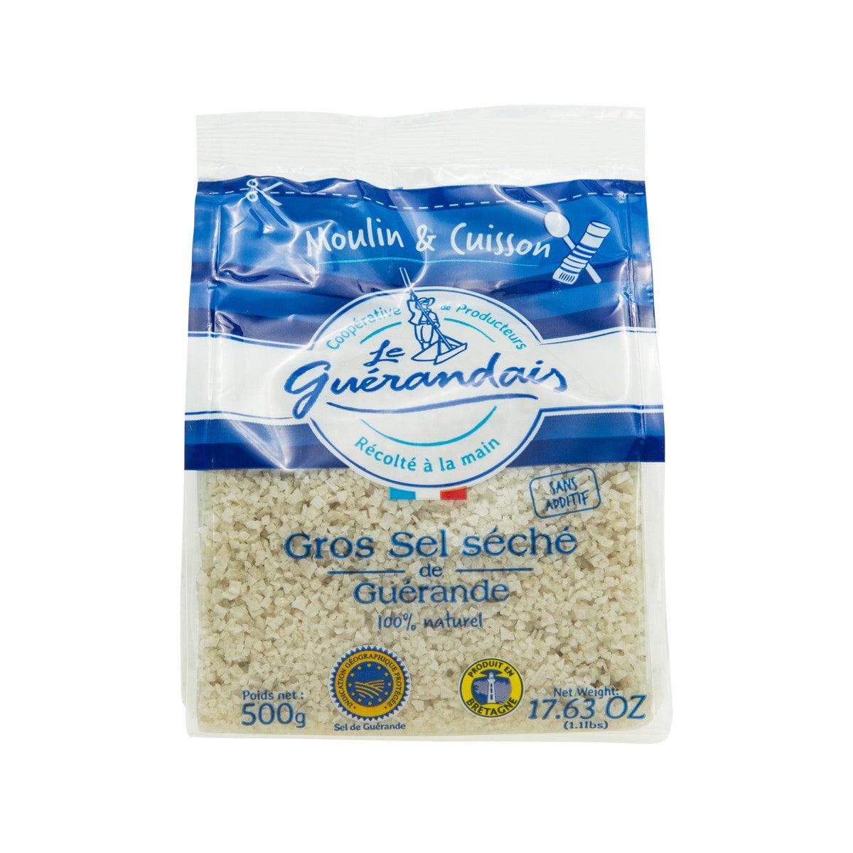 Dried coarse sea salt bag, 500 g for grinder, blue-and-white label