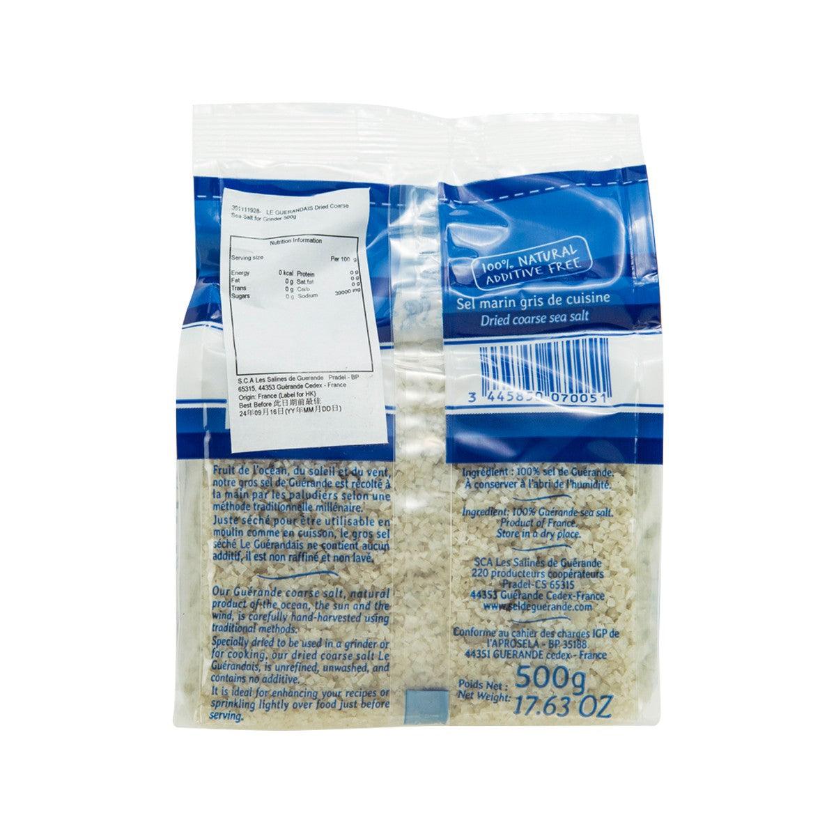 Dried coarse sea salt 500 g bag, back label with barcode and details