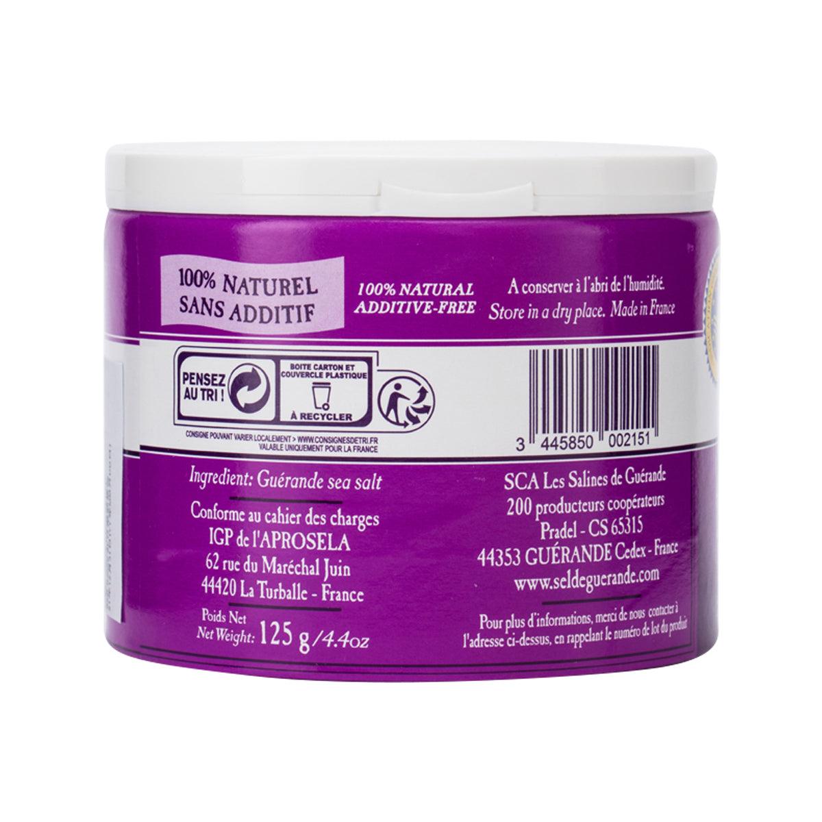 Back label of purple 125 g fleur de sel jar showing natural salt and barcode