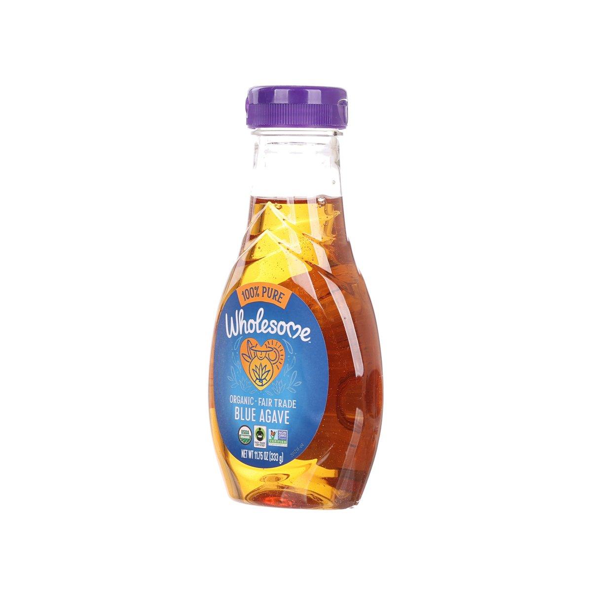 Organic blue agave low glycemic sweetener bottle with front label, purple cap